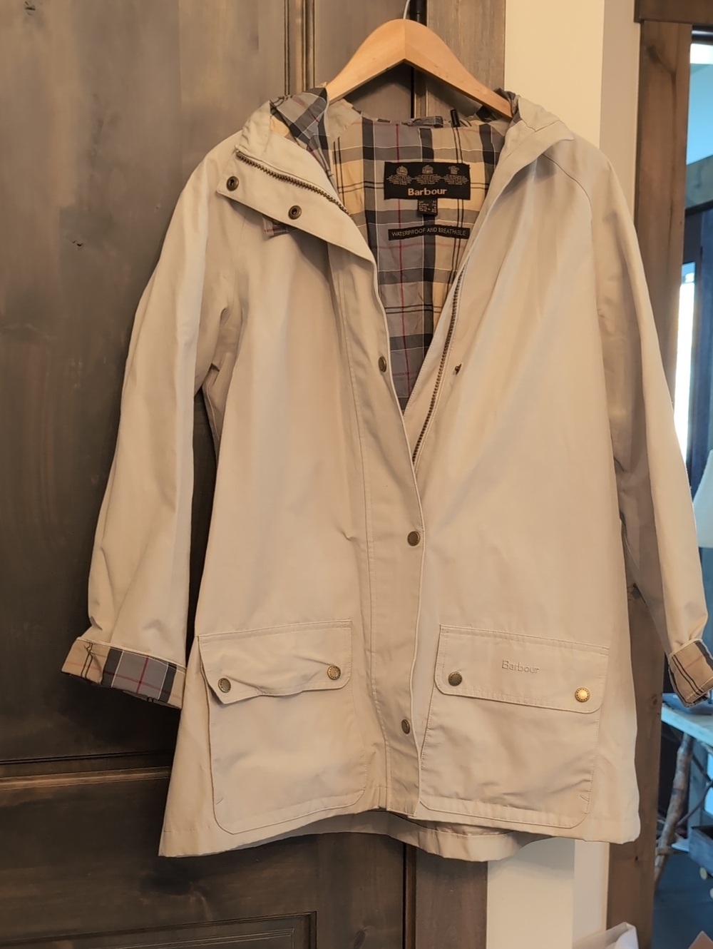 Barbour Light Beige Hooded Trench Coat with Plaid Lining